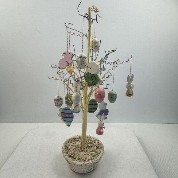 Vintage Easter Tree 17 Wooden Ornaments Bendable Branches Yellow 18" Tall - Picture 4 of 12